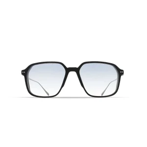 Black rectangular eyeglasses with a bold frame and gradient blue lenses on a white background.