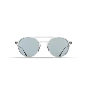 Transparent-frame sunglasses with light-blue mirrored lenses, front view
