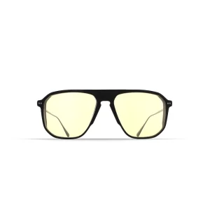 Black-framed sunglasses with yellow-tinted lenses, front view.