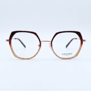 Round-gradient eyeglasses with dark brown to peach rims, on a white background; 'AZZARO PARIS' is visible on the lens.