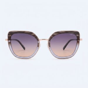 Rose-gold metal-frame sunglasses with gradient purple-to-peach lenses, brand name 'Azzaro' visible on the lens edge