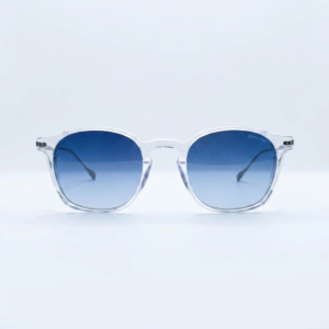 Front view of transparent-framed sunglasses with blue gradient lenses.