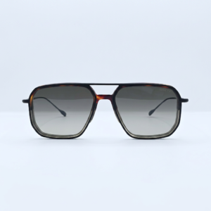 Tortoiseshell aviator sunglasses with gray gradient lenses on a white surface.