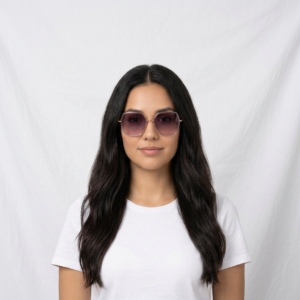 Portrait of a woman with long dark hair wearing a white t-shirt and pink sunglasses, standing against a white backdrop.