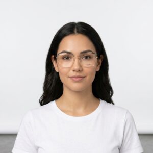 Portrait of a woman with dark hair and clear-framed glasses, facing the camera in a white t-shirt.